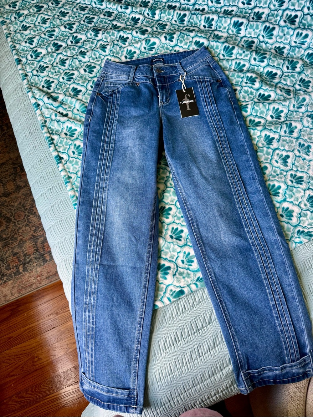 Women's Mid-Blue Straight Leg Jeans with Vertical Stitch Detail